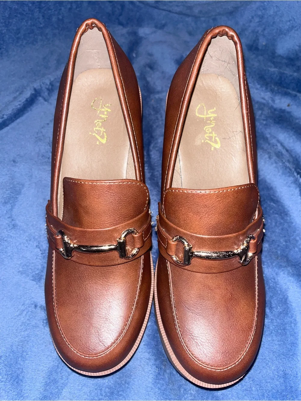 NWOT Style Cognac Platform Loafers Heeled Block Heels Gold Buckle size 8 M